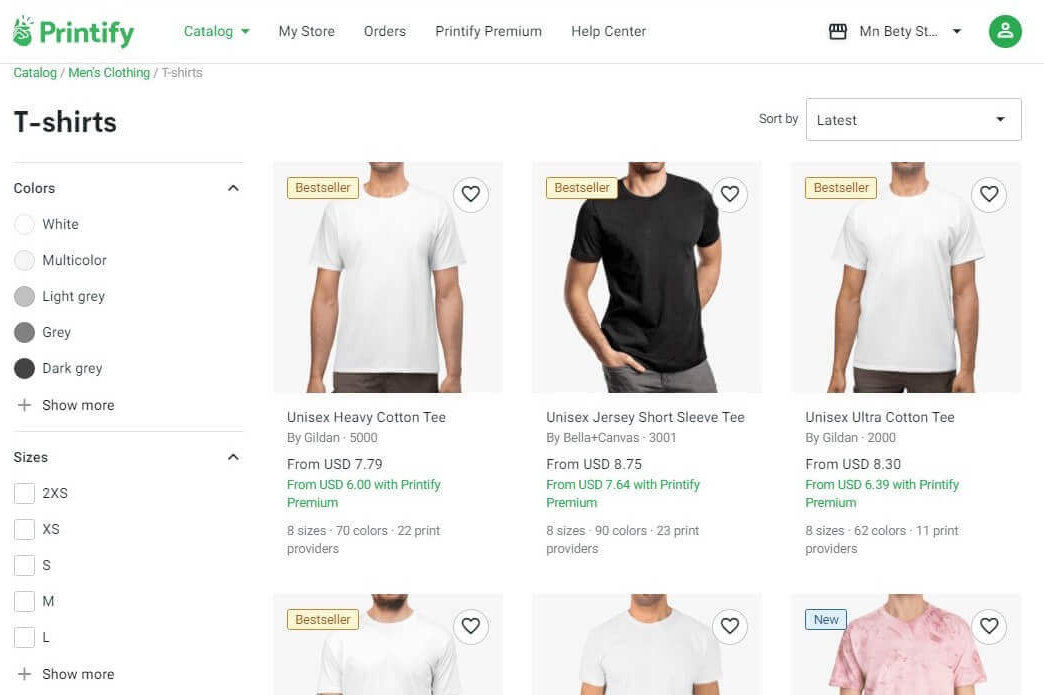 قائمة المنتجات في موقع Printify 