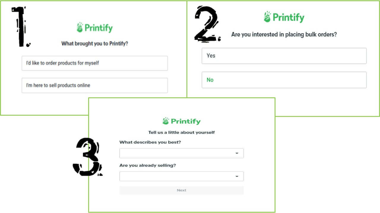 الأسئلة التي تظهر عند التسجيل في موقع Printify
