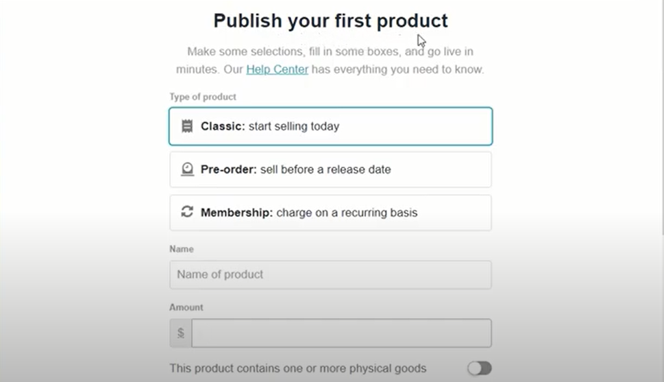 تحديد نوع المنتج المعروض للبيع شرح موقع Gumroad