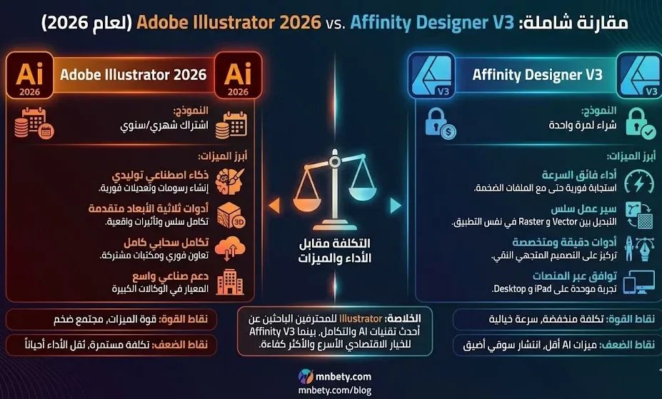 من بيتي - 2 - مقارنة شاملة بين Adobe Illustrator 2026 وAffinity Designer V3 في عام 2026